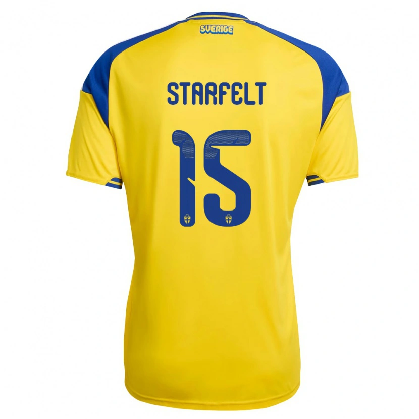 Danxen Män Sverige Carl Starfelt #15 Gul Blå Vit Hemmatröja Matchtröjor 26-28 Tröjor T-Tröja