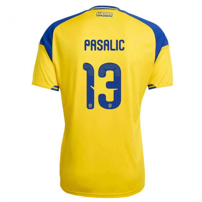 Danxen Män Sverige Kevin Pasalic #13 Gul Blå Vit Hemmatröja Matchtröjor 26-28 Tröjor T-Tröja