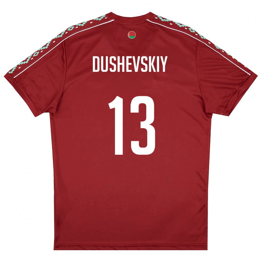 Danxen Män Belarus Daniil Dushevskiy #13 Djup Röd Vit Hemmatröja Matchtröjor 26-28 Tröjor T-Tröja