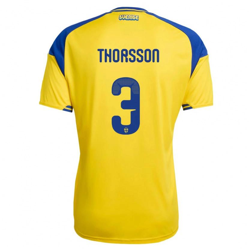 Danxen Kvinnor Sverige Hampus Thorsson #3 Gul Blå Vit Hemmatröja Matchtröjor 26-28 Tröjor T-Tröja