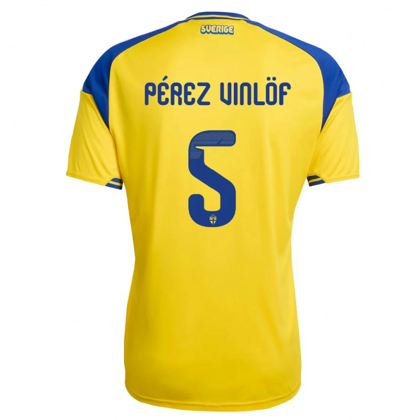 Danxen Kvinnor Sverige Matteo Pérez Vinlöf #5 Gul Blå Vit Hemmatröja Matchtröjor 26-28 Tröjor T-Tröja
