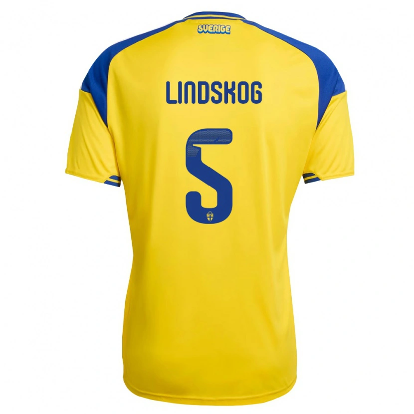 Danxen Kvinnor Sverige Hugo Lindskog #5 Gul Blå Vit Hemmatröja Matchtröjor 26-28 Tröjor T-Tröja