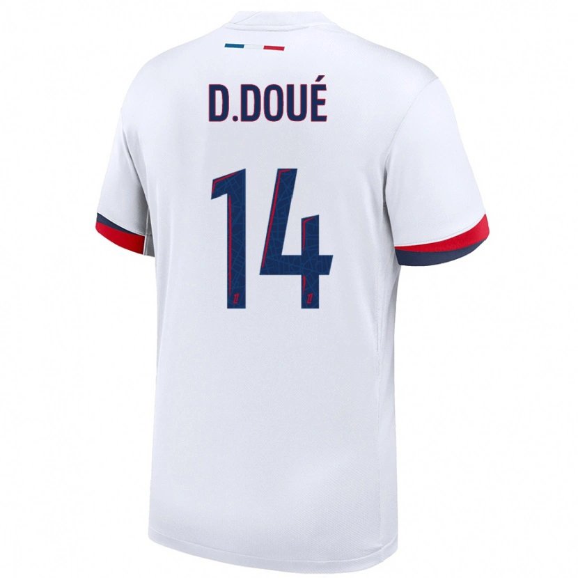 Danxen Barn Désiré Doué #14 Vit Blå Röd Bortatröja Matchtröjor 2024/25 Tröjor T-Tröja