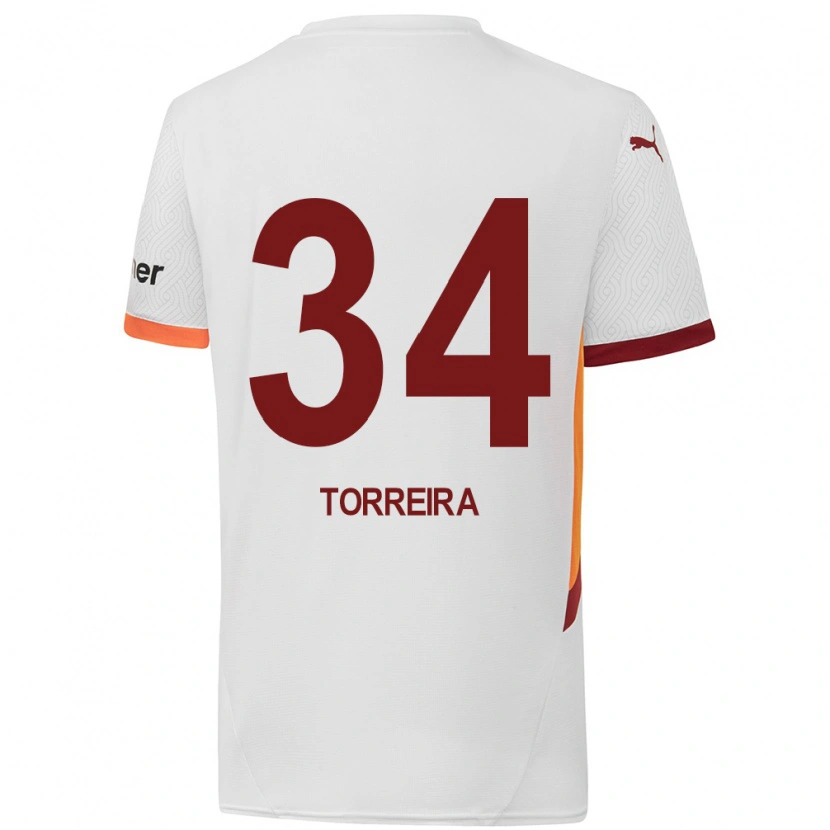 Danxen Barn Lucas Torreira #34 Vit Gulröd Bortatröja Matchtröjor 2024/25 Tröjor T-Tröja