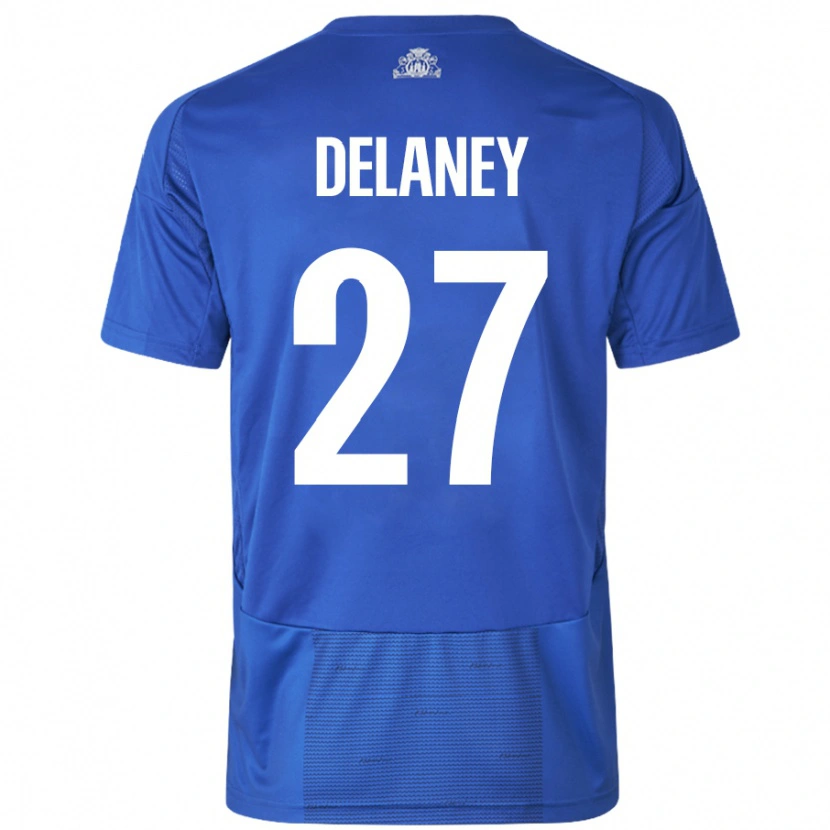 Danxen Kvinnor Thomas Delaney #27 Vit Blå Bortatröja Matchtröjor 2024/25 Tröjor T-Tröja