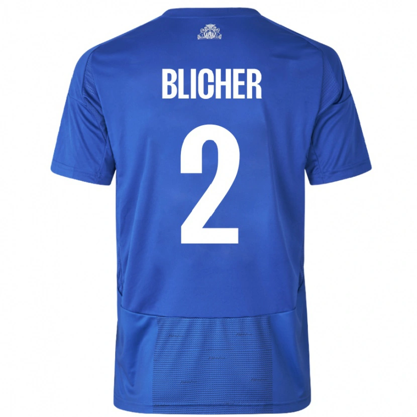 Danxen Kvinnor Nicolai Blicher #2 Vit Blå Bortatröja Matchtröjor 2024/25 Tröjor T-Tröja